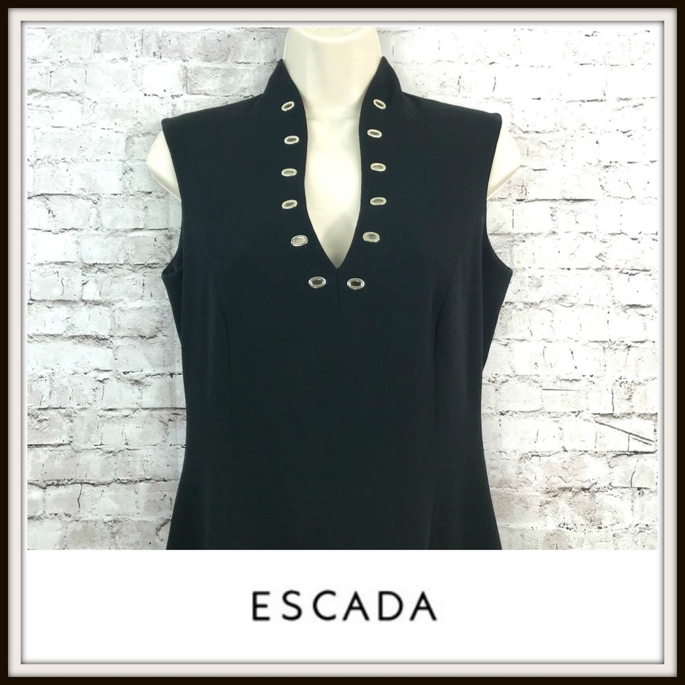 Escada Black Grommet V-Neck Wool Sleeveless Dress - Picture 4 of 5